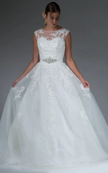 Jewel Neck Cap Sleeve Tulle Bridal Ball Gown With Crystal Satin Sash