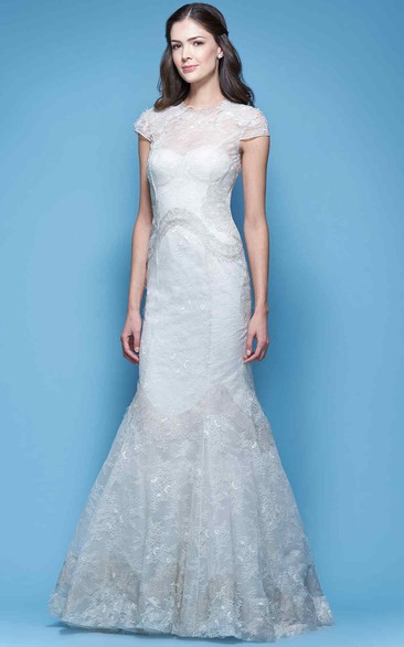 Trumpet Maxi Cap-Sleeve High Neck Lace Wedding Dress With Appliques And Illusion