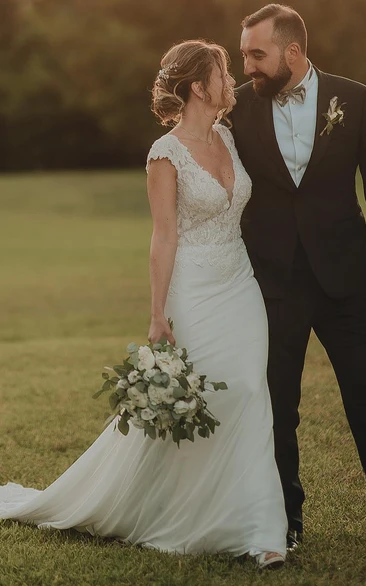 Sheath V-neck Lace Vintage Wedding Dress With Cap Sleeve And Brush Train
