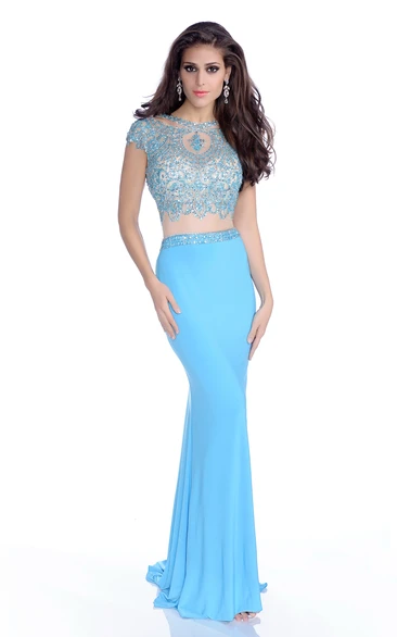 Mermaid Cap Sleeve Jersey Gown With Low-U Back And Bling Rhinestone Bodice