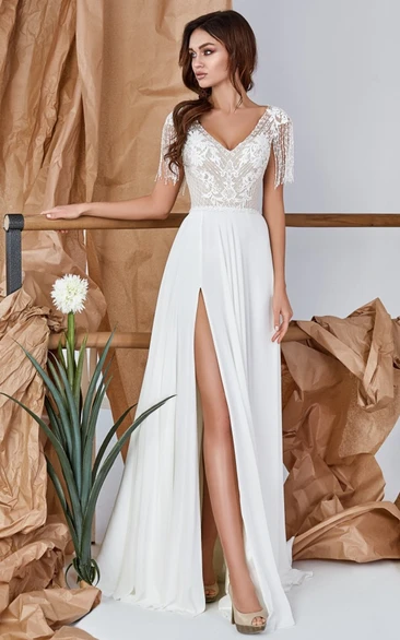 Sexy A-Line V-neck Chiffon Lace Wedding Dress with Split Front and Appliques