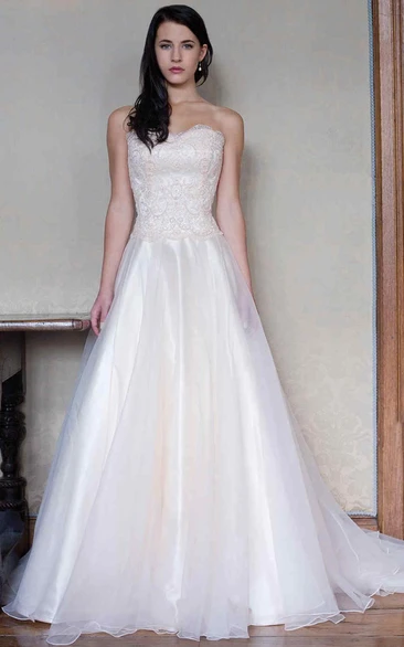 A-Line Sweetheart Floor-Length Sleeveless Organza&Lace Wedding Dress