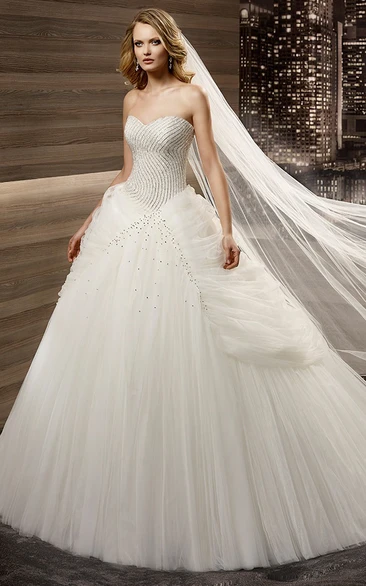 Sweetheart A-line Puffy Wedding Gown with Beaded Details and Side Ruching
