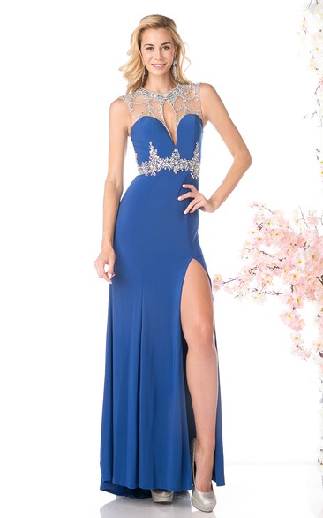 Sheath Long Jewel-Neck Jersey Illusion Dress With Beading And Split Front