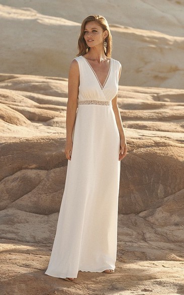 Chiffon Plunging Sleeveless With Open Back And Lace Details Wedding Dress