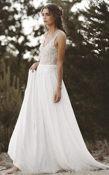 A Line Sleeveless Chiffon Lace Sexy Illusion Low-V Back Wedding Dress with Beading
