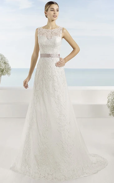 A-Line Sleeveless Appliqued Bateau Floor-Length Lace Wedding Dress With Bow And Illusion Back