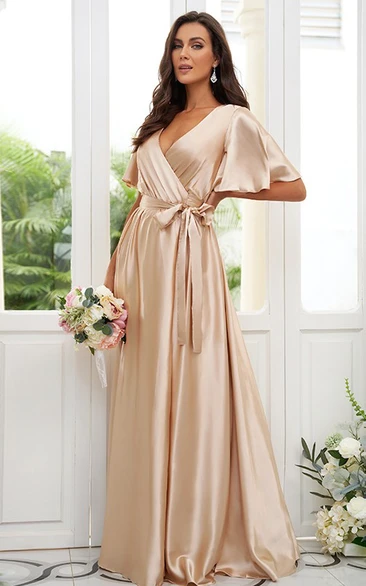 A-Line Satin Half Sleeve Bridesmaid Dress 2023 Modern V-neck Floor-length