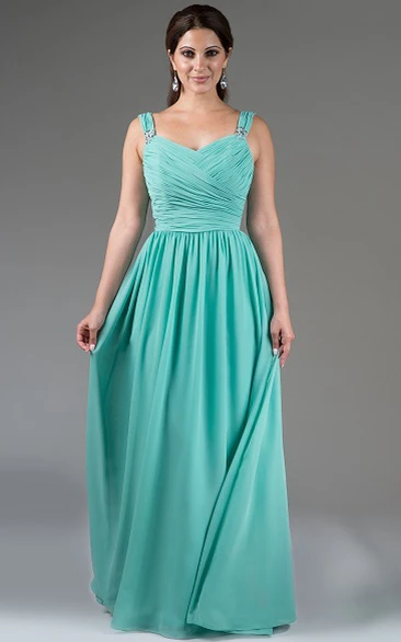 Pleated A-Line Chiffon Long Bridesmaid Dress With Sequin Detailed Straps