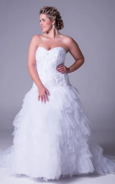 A-Line Sweetheart Tiered Tulle Plus Size Wedding Dress With Ruffles And Beading