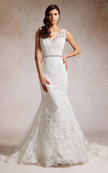 V-Neck Sleeveless Mermaid Wedding Dress With Sequins And Appliques