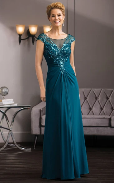 Cap-Sleeved Long Gown With Sequins And Illusion Back