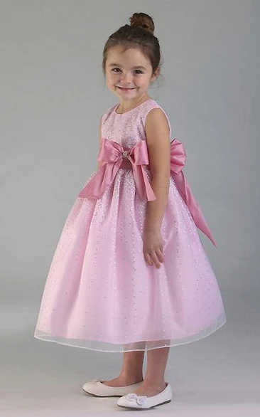 Tea-Length Tiered Bowed Tulle&Satin Flower Girl Dress With Split Front