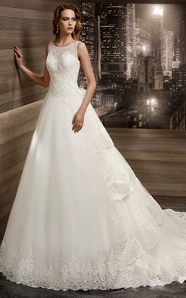 Illusion Jewel-neck Tiers-train A-line Wedding Dress with Cap sleeves and Keyhole Back