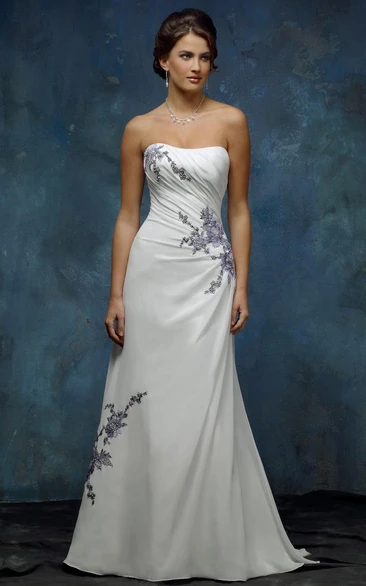 A-Line Sleeveless Floor-Length Side-Draped Strapless Chiffon Wedding Dress With Appliques And Corset Back