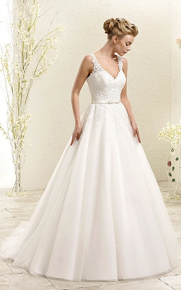 A-Line Sleeveless Appliqued Floor-Length V-Neck Wedding Dress