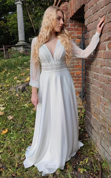 Romantic A-Line Satin Wedding Dress With Poet Long Selves And Zipper Back