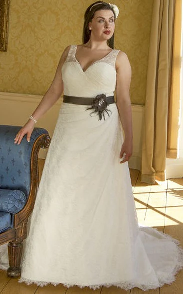 V Neck Lace Up Allover Lace Bridal Gown With Floral Satin Sash