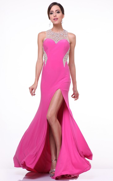 Sheath Long Jewel-Neck Jersey Illusion Dress With Split Front And Beading
