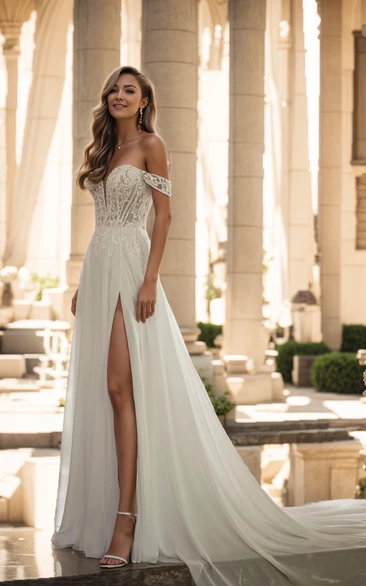 Ethereal Flowing A-Line Off the Shoulder Lace Wedding Dress Elegant Princess Split Front Plunging Neckline Sleeveless Illusion Back Bridal Gown