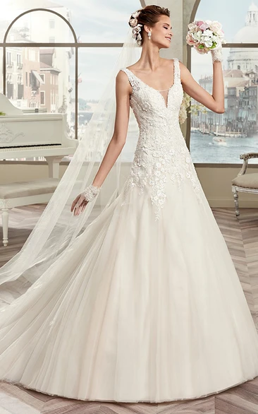 V-Neck Cap-Sleeve A-Line Bridal Gown With Open Back And Brush Train