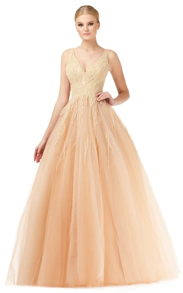 Ball Gown Elegant V-neck Tulle Floor-length Formal Dress