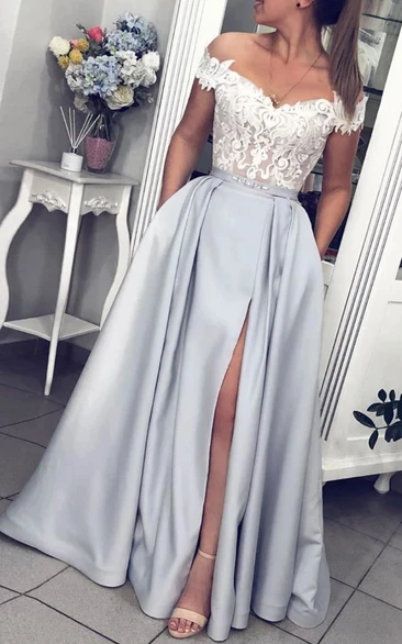 Off-the-shoulder Sweetheart Satin Lace Sleeveless Floor-length A Line Evening Dress