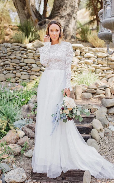 Long Sleeve Chiffon Tulle Lace Wedding Dress