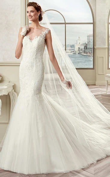 Cap Sleeve Mermaid Bridal Gown With Illusive Design And Open Back