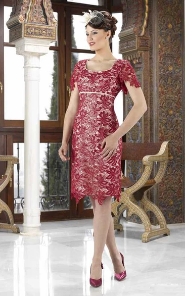 Knee-Length Short Sleeve Square Neck Beaded Lace Mother Of The Bride Dress With Bow