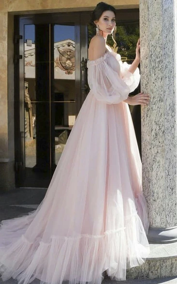 Charming Sweetheart Off-shoulder Tulle Wedding Dress With 3/4 Poet Sleeves