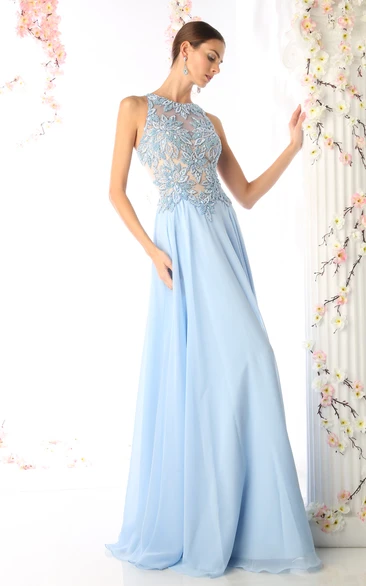 A-Line Long Jewel-Neck Sleeveless Chiffon Illusion Dress With Appliques And Beading