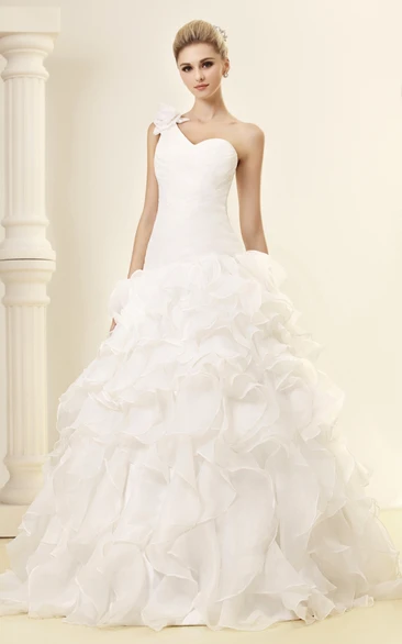 One-Shoulder Criss-Cross A-Line Organza Wedding Gown With Ruffles