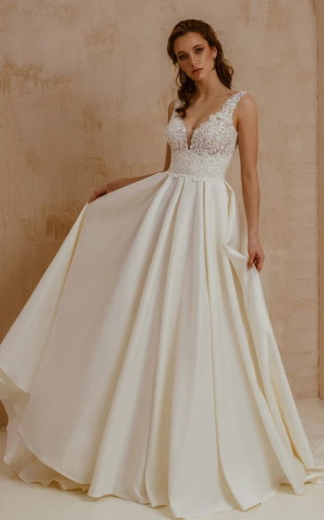 A Line V-neck Satin Lace Sweep Train Short Sleeve Wedding Dress with Low-V Back