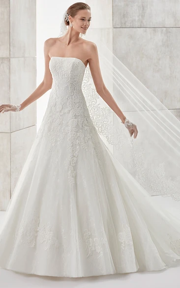 Simple Strapless A-line Wedding Dress with Appliques and Brush Train