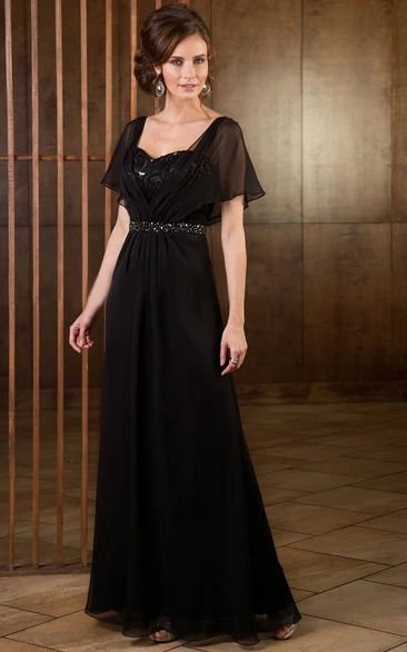 Short-Sleeved A-Line Floor-Length Mother Of The Bride Dress With Sequins