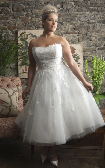 Strapless Lace Tea-Length Dress With Tulle Overlay
