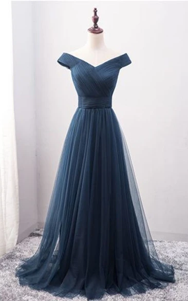Ethereal Off-the-shoulder A Line Floor-length Short Sleeve Tulle Formal Dress with Ruching