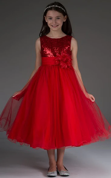 Flower Girl Scoop Neck Tulle Tea Length Dress With Sequined Top And Flower