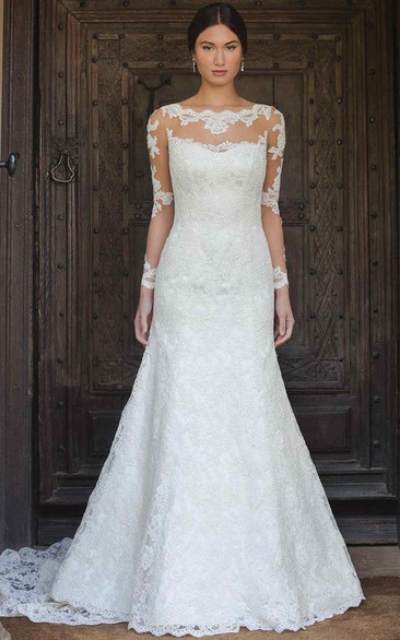 A-Line Long Bateau-Neck Long-Sleeve Lace Wedding Dress With Appliques And Illusion