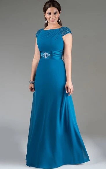 Beaded Cap Sleeve A-Line Long Mother Of The Bride Dress With Crystal Satin Sash