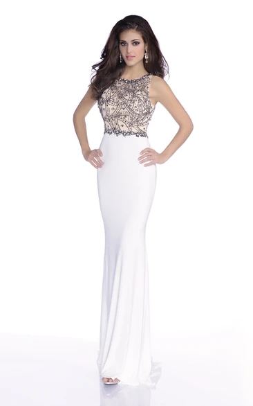 Form-Fitted Jersey Mermaid Sleeveless Prom Dress Featuring Bling Stones And Keyhole Back