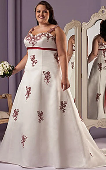 Red Appliqued A-Line Satin Bridal Gown With Lace Up And Sash