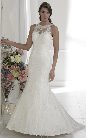 Mermaid Appliqued Maxi Sleeveless Scoop Lace Wedding Dress With Illusion Back And Watteau Train