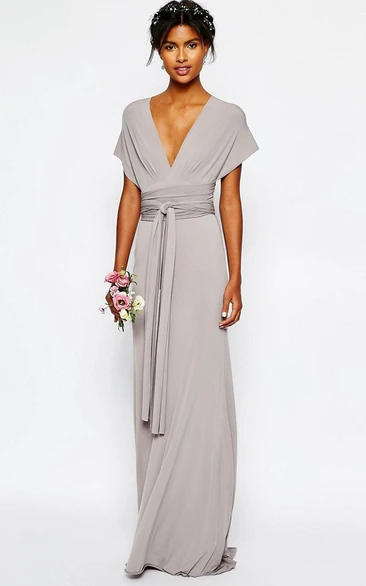 Sheath V-Neck Sash Floor-Length Short-Sleeve Jersey Bridesmaid Dress