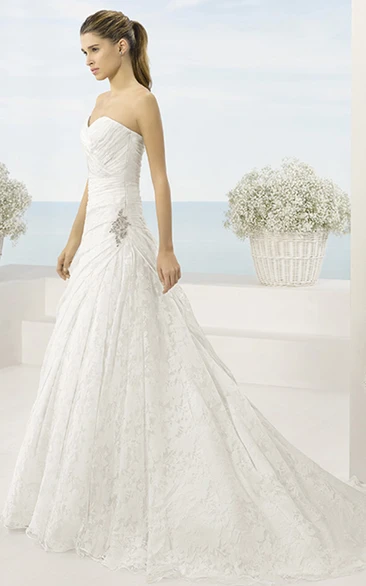 A-Line Long Draped Sweetheart Lace Wedding Dress With Broach