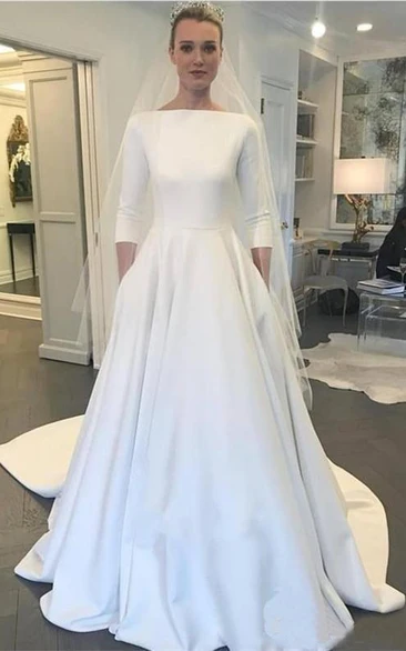 Modest Satin A-line 3/4 Sleeve Ruched Bridal Gown