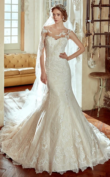 Cap-Sleeve Lace Wedding Dress with Scalloped Train Rim and Appliques