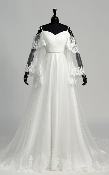 Tulle A-line Off-the-shoulder Spaghetti Bell Illusion Long Sleeve Wedding Dress with Appliques and Pleats