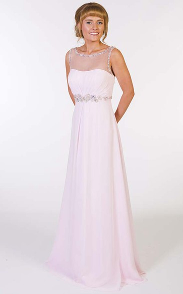 A-Line Sleeveless Floor-Length Beaded Scoop-Neck Chiffon Prom Dress With Waist Jewellery